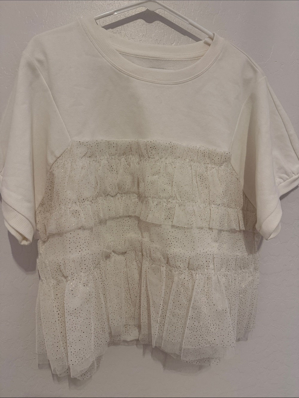 Ivory Ruffle Tulle Short Sleeve Sweatshirt Top